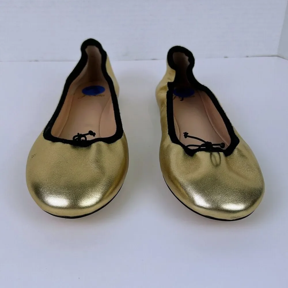 J. Crew Elvie Gold Metallic Ballet Flats Leather Almond Toe Shoes Black Trim 7.5
